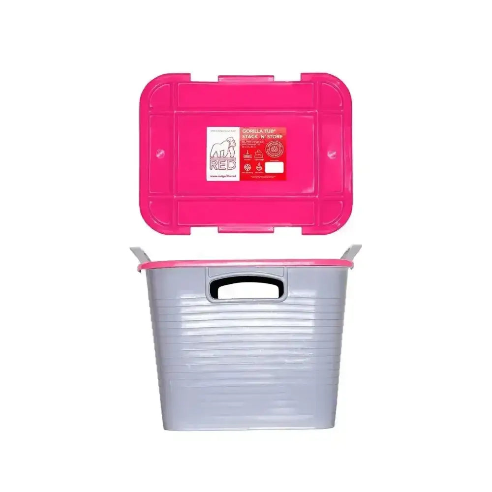Pink and gray plastic red gorilla stack tack storage box with matching pink lid for space-saving storage solution
