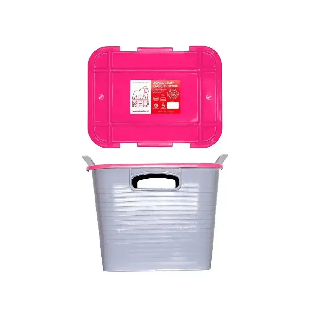 Pink and gray plastic red gorilla stack tack storage box with ribbed sides and handles space-saving storage solution