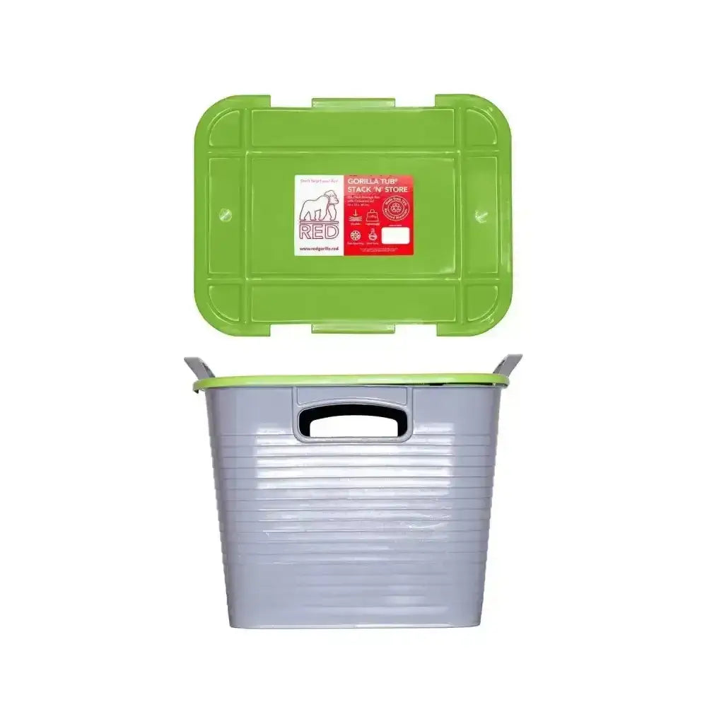 Gray plastic red gorilla stack tack storage box with bright green lid and ribbed sides space-saving storage solution