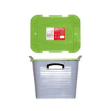 Gray plastic red gorilla stack tack storage box with bright green lid and ribbed sides space-saving storage solution