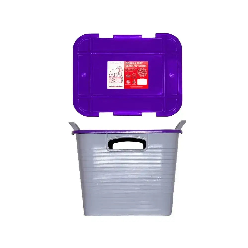 Purple and gray plastic red gorilla stack tack storage box with ridged texture and matching purple lid space-saving storage solution