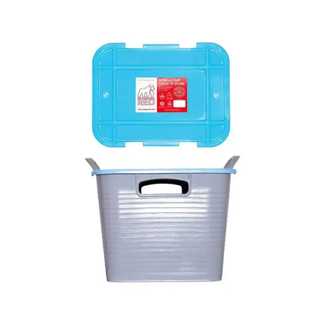 Gray plastic red gorilla stack tack storage box with light blue lid ribbed sides and handles for space-saving storage solution