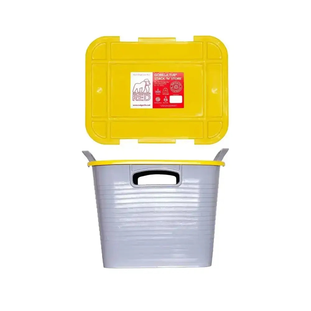 Yellow and gray plastic red gorilla stack tack storage box with ribbed sides and handles for space-saving storage solution