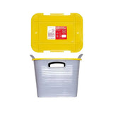 Yellow and gray plastic red gorilla stack tack storage box with ribbed sides and handles for space-saving storage solution