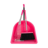 Bright pink plastic dustpan with black bristle broom and pink-handled rake in red gorilla teenie tidee set