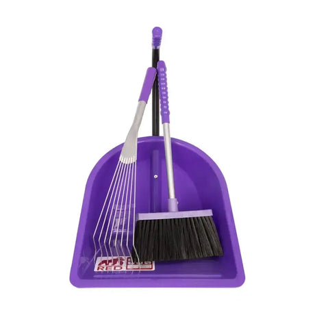 Purple plastic dustpan with black bristle broom and purple-handled rake inside the red gorilla teenie tidee set
