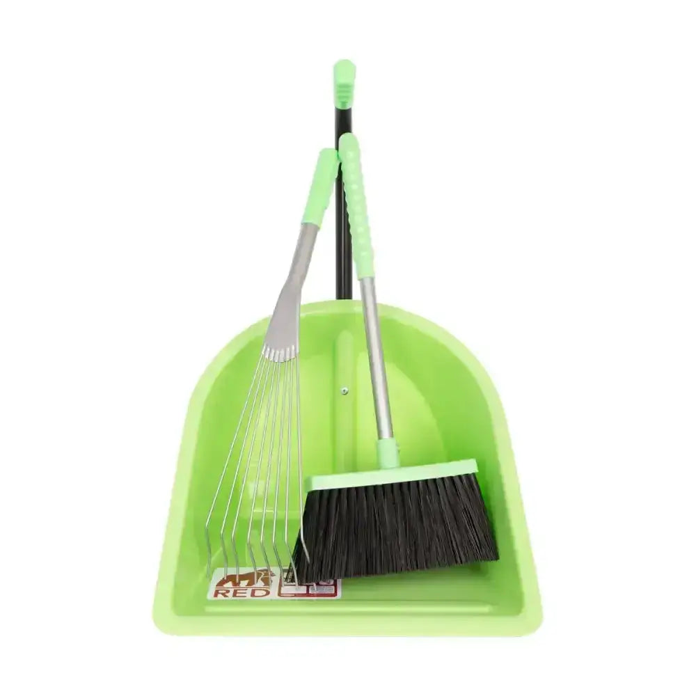 Bright green plastic dustpan with black bristle broom and metal rake inside red gorilla teenie tidee set