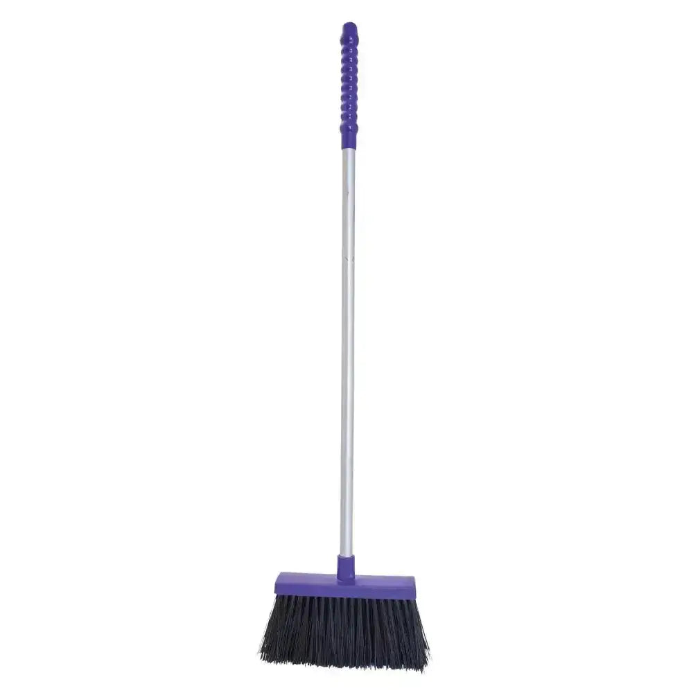 Purple-handled red gorilla tidee broom with silver metal shaft black bristles and comfort grip handles for easy cleaning