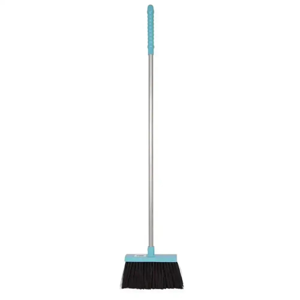 Teal-handled red gorilla tidee broom with silver metal shaft and black bristles featuring comfort grip handles