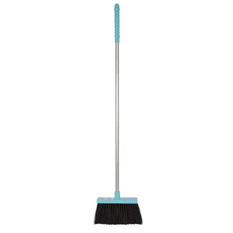 Red gorilla tidee broom with teal comfort grip handles, silver metal shaft, and black bristles for easy sweeping