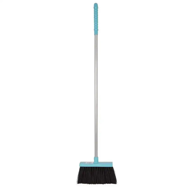 Red gorilla tidee broom with teal comfort grip handles, silver metal shaft, and black bristles for easy sweeping
