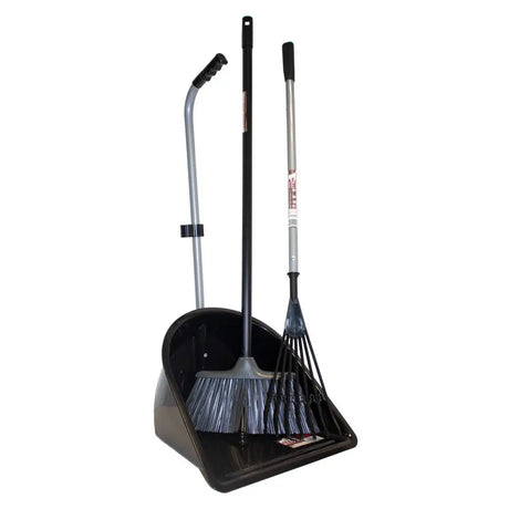 Black plastic dustpan with broom and rake silver handles black bristles in red gorilla tidee companion set black edition