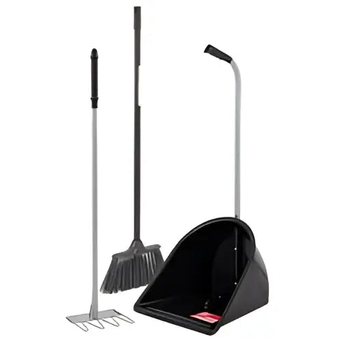 Black plastic dustpan with curved handle and red label inside from red gorilla tidee companion set