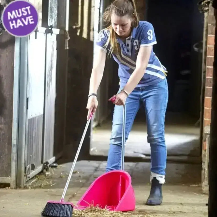 Pink plastic dustpan with metal handle and black bristle broom from red gorilla tidee companion set for easy cleaning