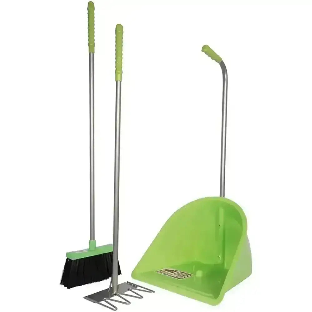 Set of three lime green plastic and metal cleaning tools including broom rake and dustpan from red gorilla tidee companion set