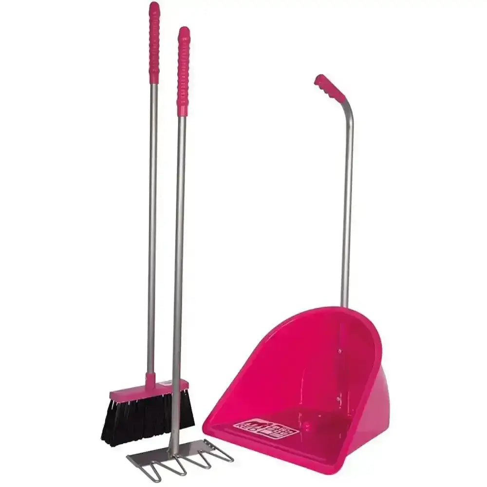 Bright pink plastic dustpan with curved metal handle from red gorilla tidee companion set for easy cleaning trips
