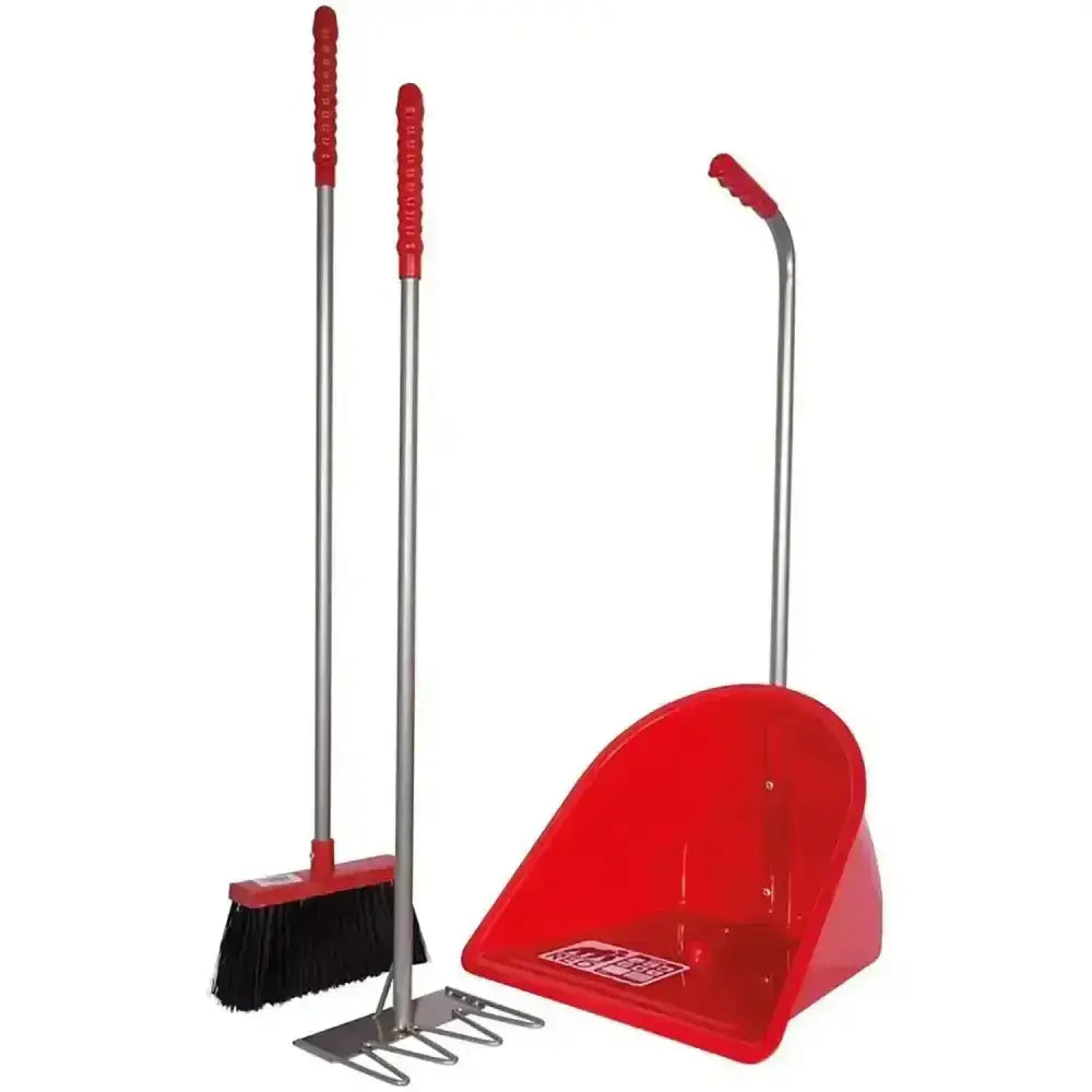 Red plastic dustpan with curved handle and silver metal frame from red gorilla tidee companion set