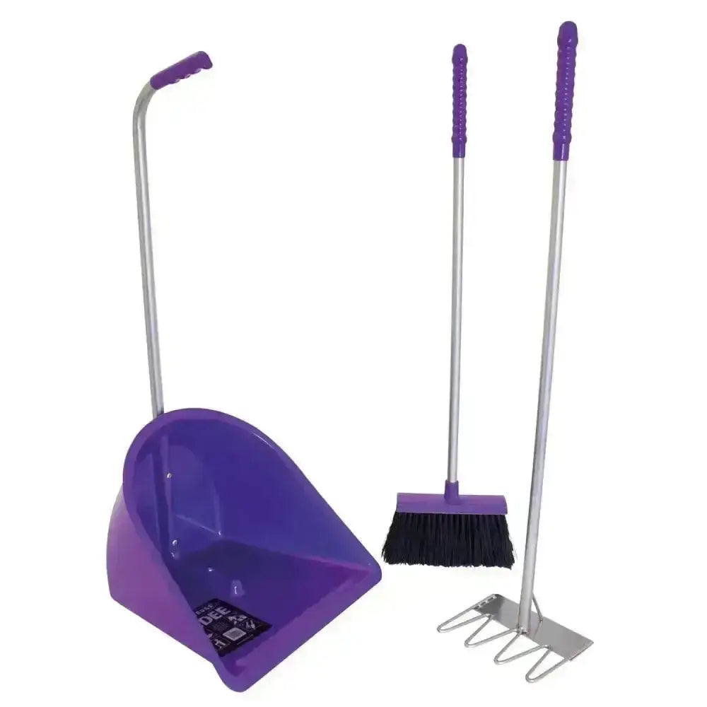 Purple plastic dustpan with silver handle and two purple-handled brooms in red gorilla tidee companion set