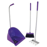 Purple plastic dustpan with silver handle and two purple-handled brooms in red gorilla tidee companion set