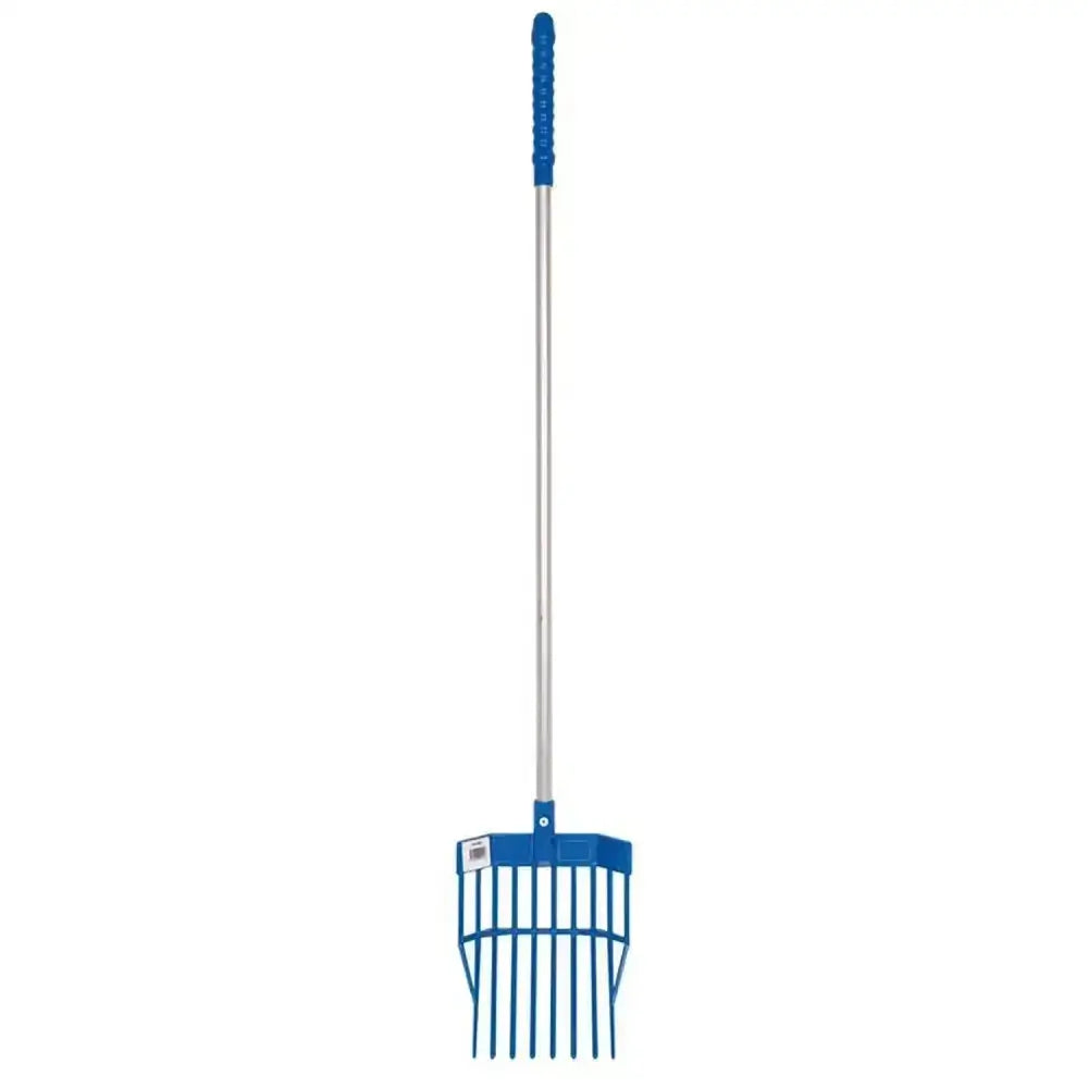 Blue plastic-handled horse rake with silver metal shaft and tines in the red gorilla tidee mini bedding fork line