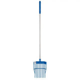 Blue plastic-handled horse rake with silver metal shaft and tines in the red gorilla tidee mini bedding fork line