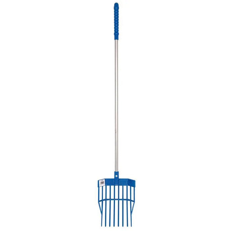 Blue plastic horse rake with silver metal shaft and grip for red gorilla tidee mini bedding use