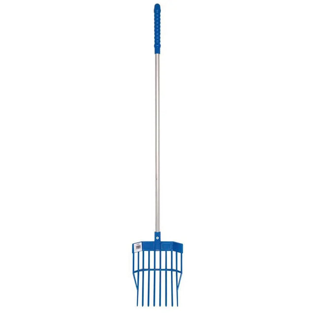 Blue plastic horse rake with silver metal shaft and grip for red gorilla tidee mini bedding use
