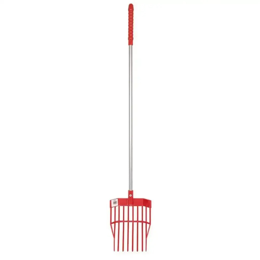 Red gorilla tidee mini bedding fork with red plastic handle, silver metal shaft, and red plastic tines for easy raking