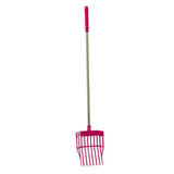 Bright pink plastic red gorilla tidee mini bedding fork with metallic handle and evenly spaced tines