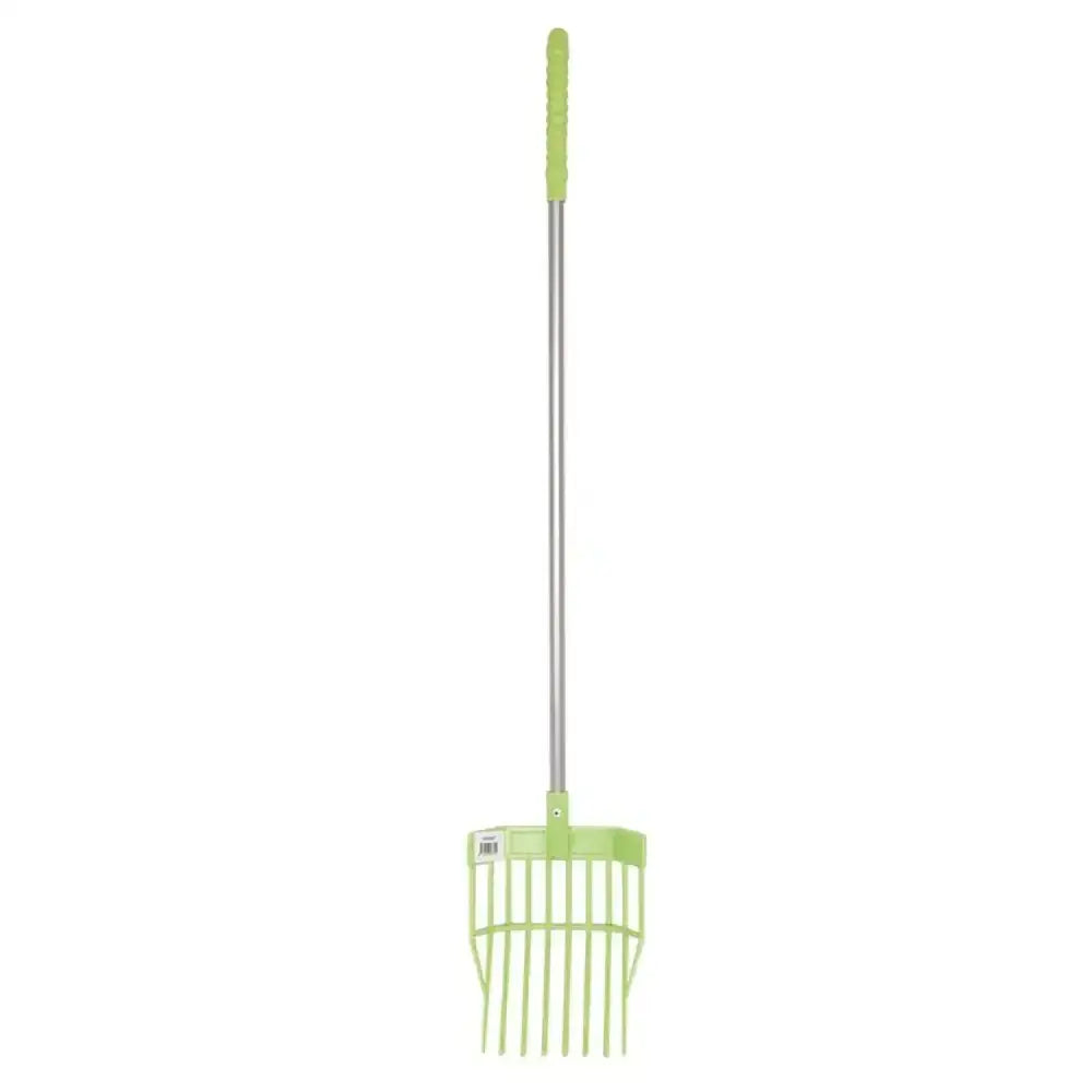 Light green plastic rake with silver metal shaft for red gorilla tidee mini bedding fork use