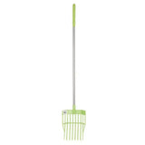 Light green plastic rake with silver metal shaft for red gorilla tidee mini bedding fork use