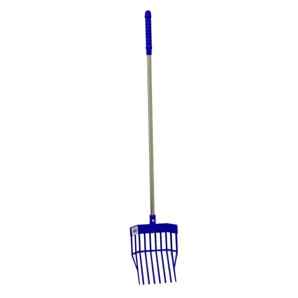 Blue plastic rake with textured grip handle and metal shaft from red gorilla tidee mini bedding fork set