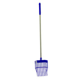 Blue plastic rake with textured grip handle and metal shaft from red gorilla tidee mini bedding fork set
