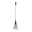 Black plastic-handled garden rake with silver aluminum shaft and ten black metal tines red gorilla tidee super rake