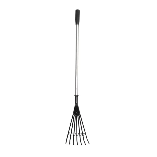 Black plastic-handled garden rake with silver aluminum shaft and ten black metal tines red gorilla tidee super rake