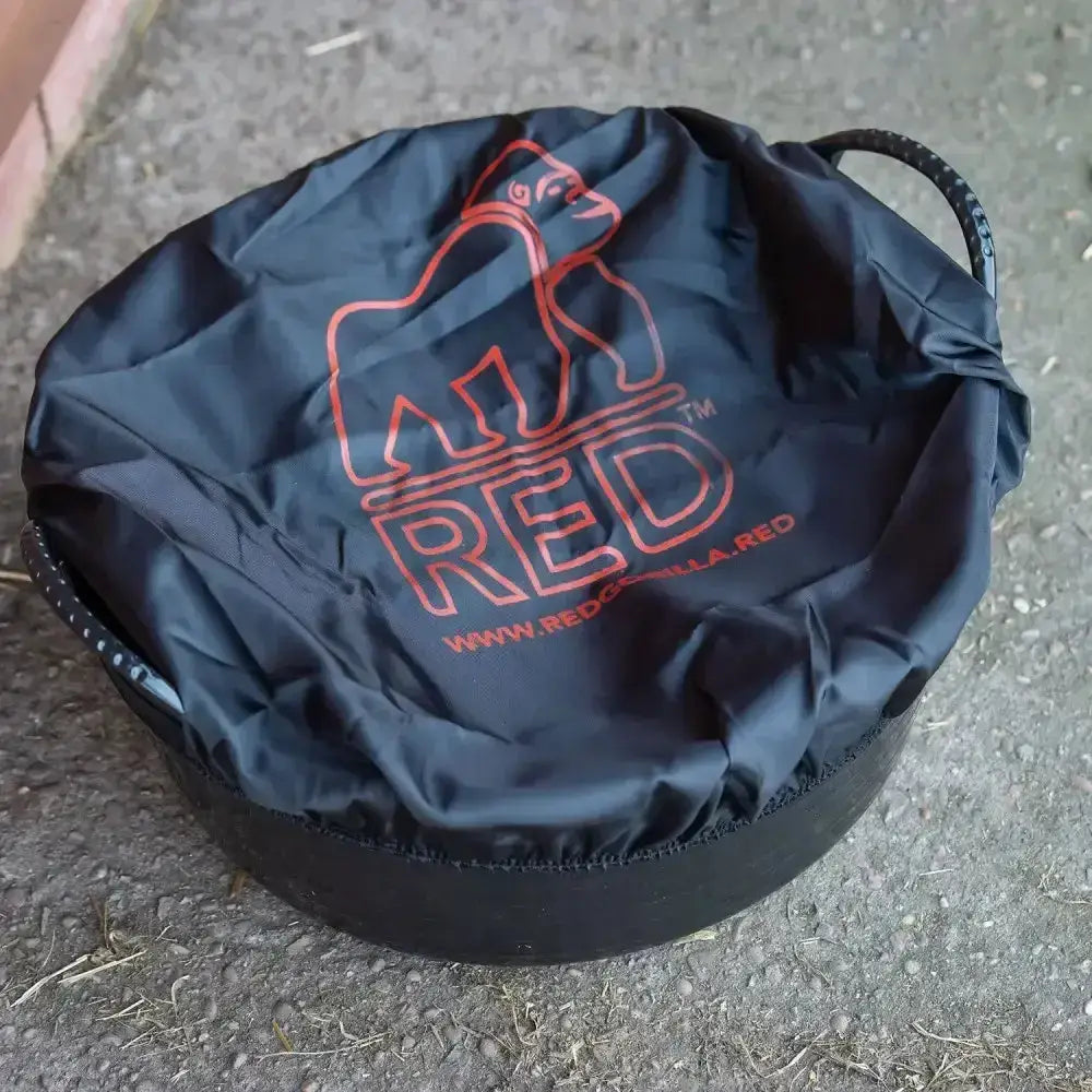 Black red gorilla red gorilla tubcover fabric feed bucket cover with red logo and handle storage bag