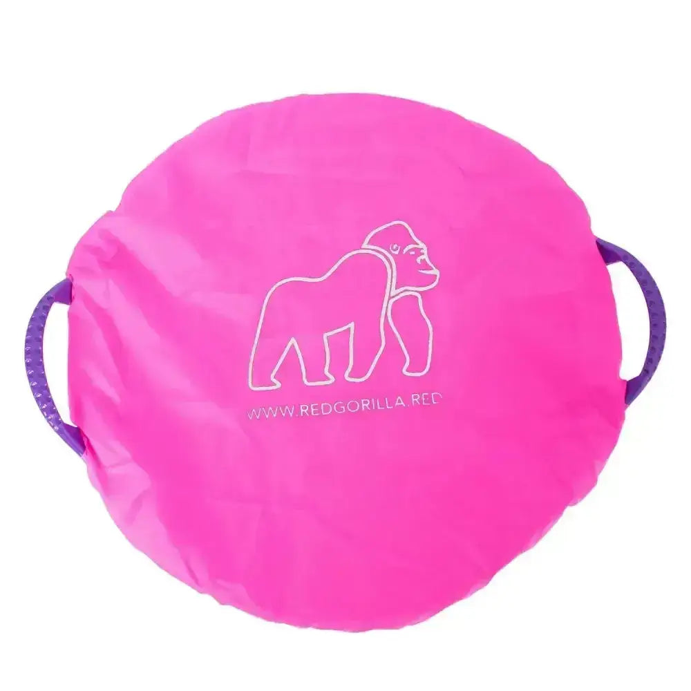 Bright pink foldable inflatable red gorilla tubcover with purple handles and a white gorilla tubcover fabric logo feed bucket cover