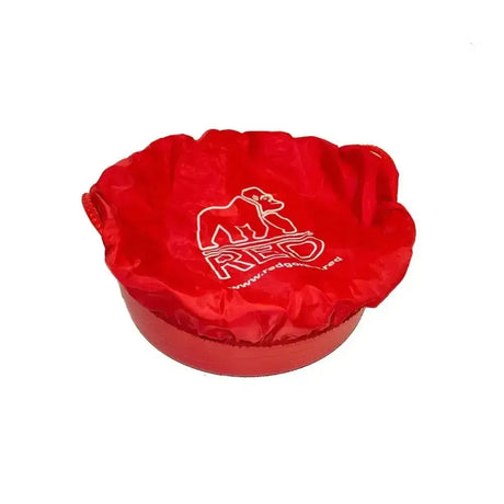 Red fabric-lined gorilla tubcover feed bucket cover with white gorilla logo and red branding for farming use