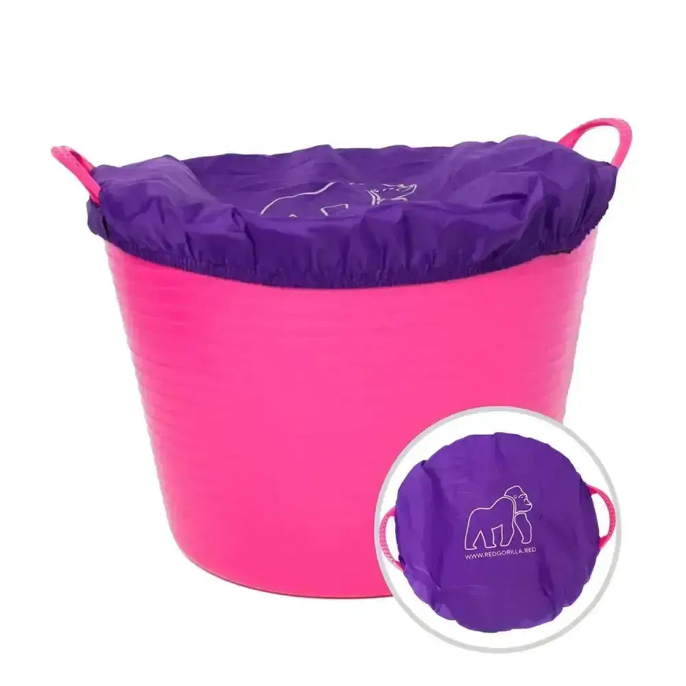 Pink plastic feed bucket with purple drawstring lid featuring white gorilla outline for red gorilla tubcover use