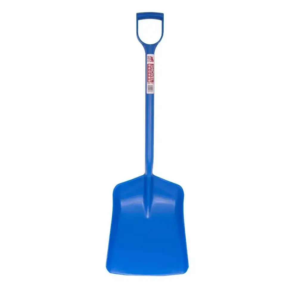 Blue plastic gorilla tubtrug shovel with d-shaped handle and rectangular blade for easy digging and scooping