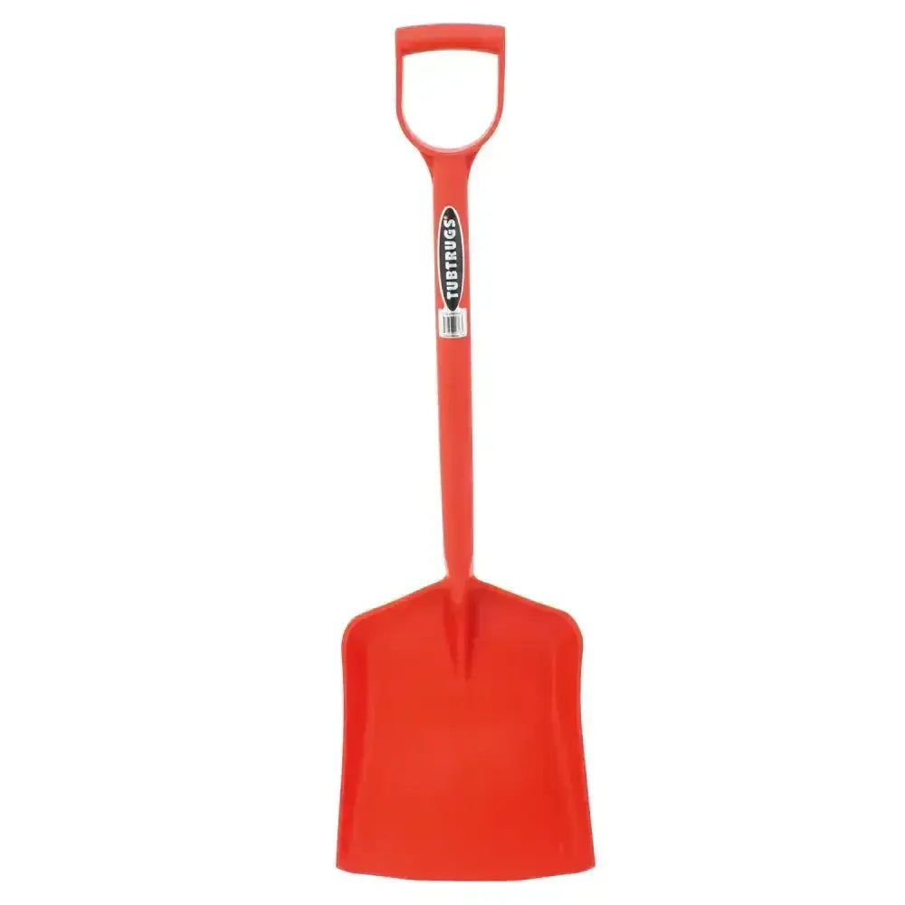 Red gorilla tubtrug shovel made of red plastic with d-shaped handle and turtrugs branding on the shaft