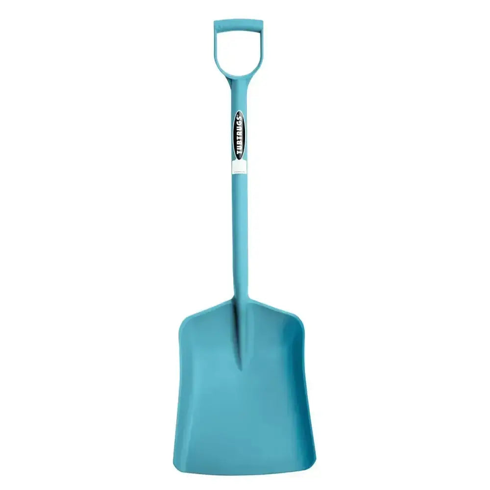 Light blue plastic gorilla tubtrug shovel with d-shaped handle and tilthings logo on the shaft