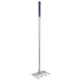 Silver metal garden rake with purple grip handle part of the red gorilla tubtrug tidee rake collection