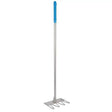 Silver metal garden rake with blue grip handle and four tines for red gorilla tubtrug tidee rake use