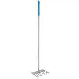 Silver metal garden rake with blue grip handle and four tines for red gorilla tubtrug tidee rake use
