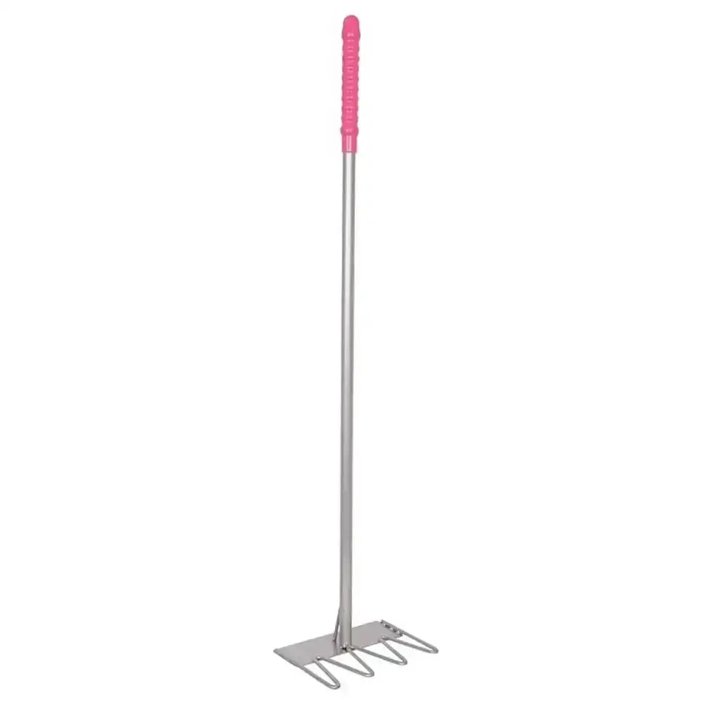Pink and silver garden rake with textured grip handle from red gorilla tubtrug tidee rake series