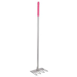 Pink and silver garden rake with textured grip handle from red gorilla tubtrug tidee rake series