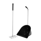 Black plastic dustpan with curved handle and silver metal rake with black grip in red gorilla tubtrug tidee rake mucking set