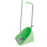 Green plastic dustpan with silver metal handle and grip for easy sweeping in red gorilla tubtrug tidee rake mucking set