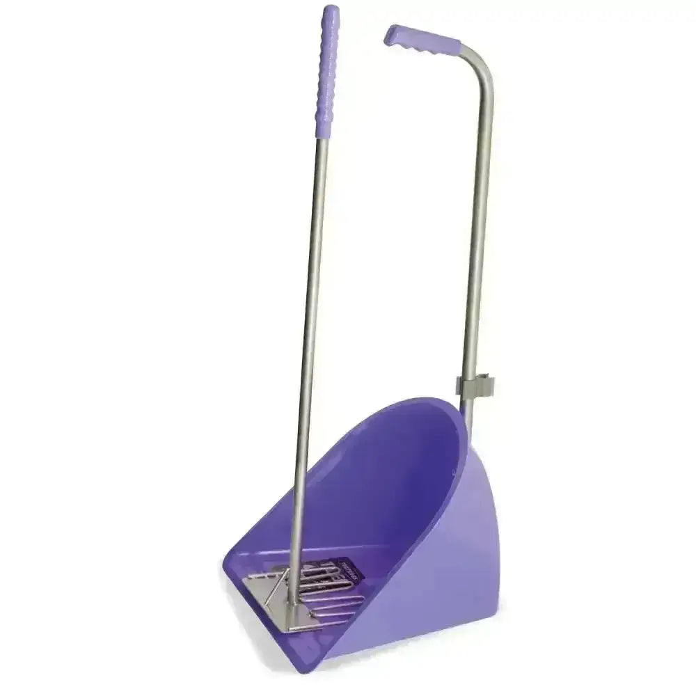 Purple plastic dustpan with metal handle and grip for easy sweeping in red gorilla tubtrug tidee rake mucking set